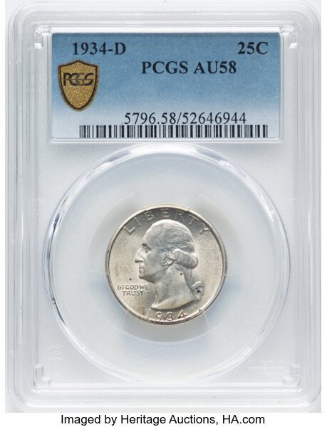 image for: 1934-D 25c PCGS AU58