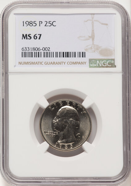 image for: 1985-P 25C MS67 NGC. NGC Census: (55/1).  Mintage 775,818,962. ...