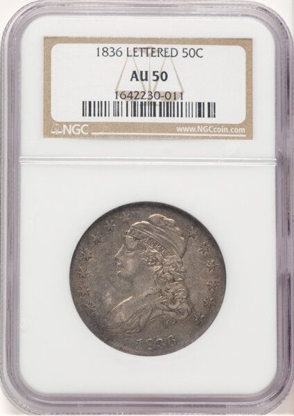 image for: 1836 50C Lettered Edge, O-114, R.2, AU50 NGC.  Mintage 6,545,000....