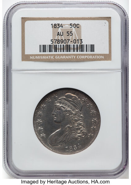 image for: 1834 50C Small Date, Small Letters, O-116, R.1 AU55 NGC.  Mintage 6,412,004....