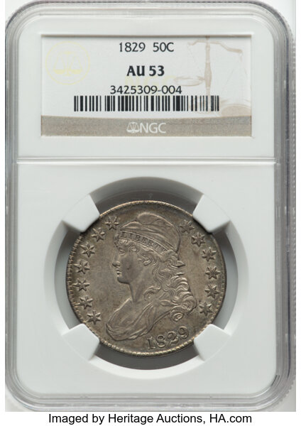 image for: 1829 50C Small Letters, O-105, R.1, AU53 NGC.  Mintage 3,712,156....