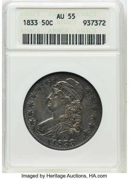 image for: 1833 50C O-110, R.1, AU55 ANACS. Housed in a small-sized holder.  Mintage 5,206,000....