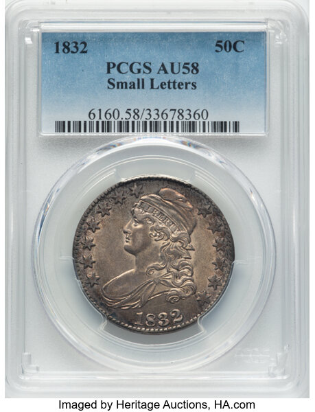 image for: 1832 50C Small Letters, O-119, Low R.4, AU58 PCGS.  Mintage 4,797,000....