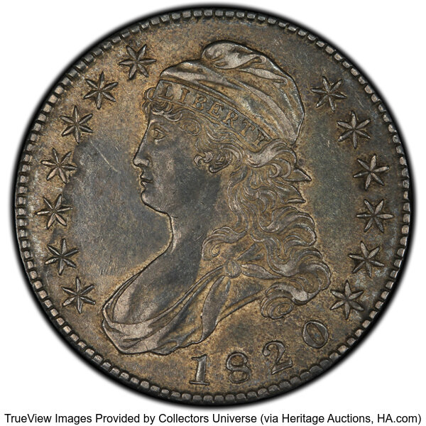 image for: 1820 50C Square Base 2, Large Date, Knob, O-104, R.3, XF45 PCGS. Ex: Peterson. PCGS Population: (5/9 and 0/0+). NGC Census:...
