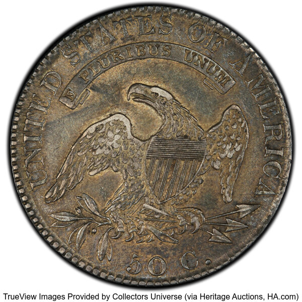 image for: 1820 50C Square Base 2, Large Date, Knob, O-104, R.3, XF45 PCGS. Ex: Peterson. PCGS Population: (5/9 and 0/0+). NGC Census:...