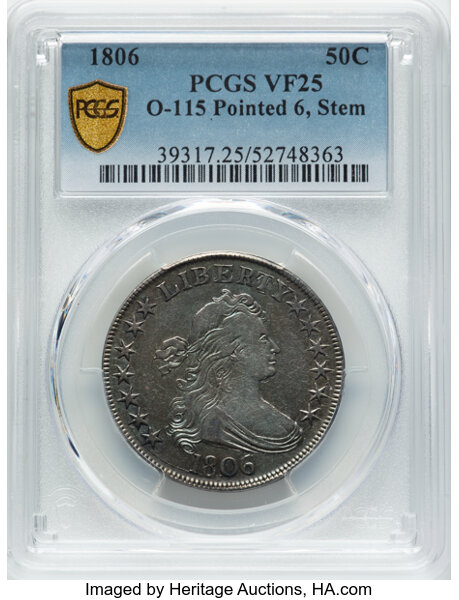 image for: 1806 50C Pointed 6, Stem, O-115, T-17, R.1, VF25 PCGS. PCGS Population: (4/17)....