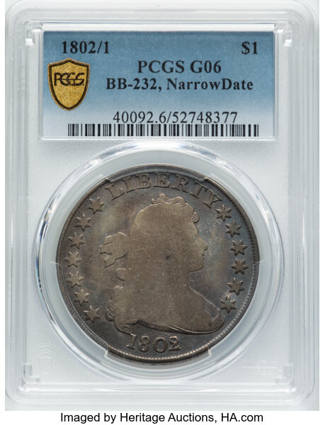 image for: 1802/1 Narrow Date, B-4, BB-232 $1  PCGS G6