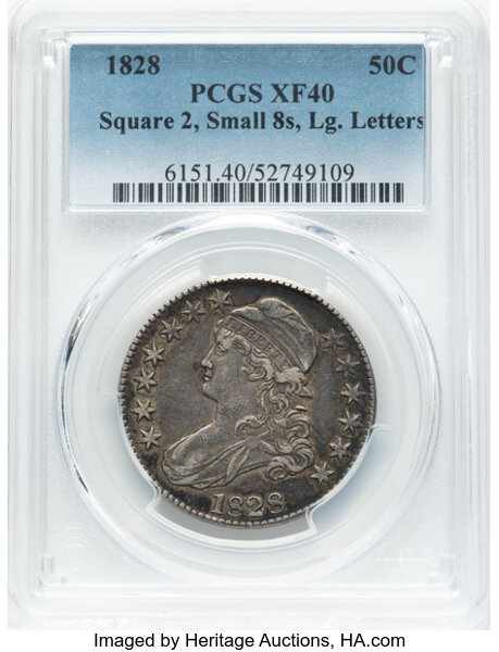 image for: 1828 50C Square Base 2, Small 8s, Large Letters, O-110, R.2, XF40 PCGS....
