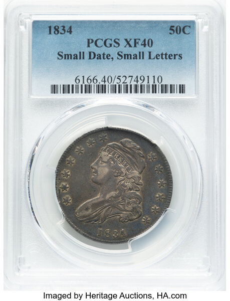 image for: 1834 50C Small Date, Small Letters, O-119, R.4, XF40 PCGS....