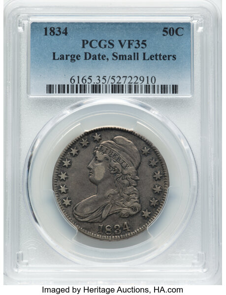 image for: 1834 50C Large Date, Small Letters, O-107, R.1, VF35 PCGS. ...
