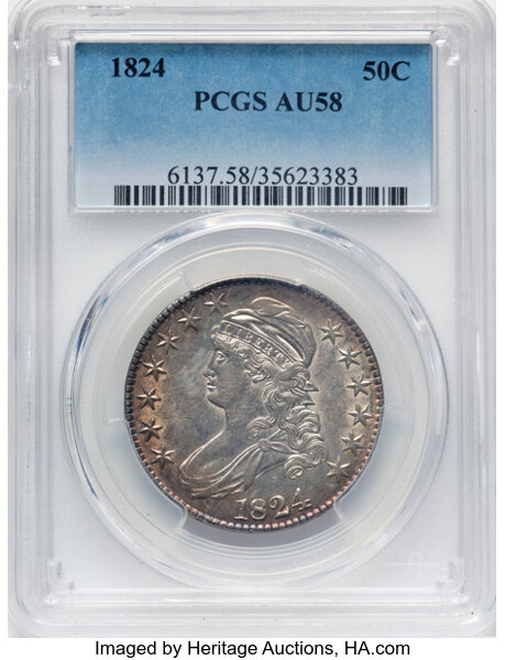 image for: 1824 50C O-117, R.2, AU58 PCGS.  Mintage 3,504,954....