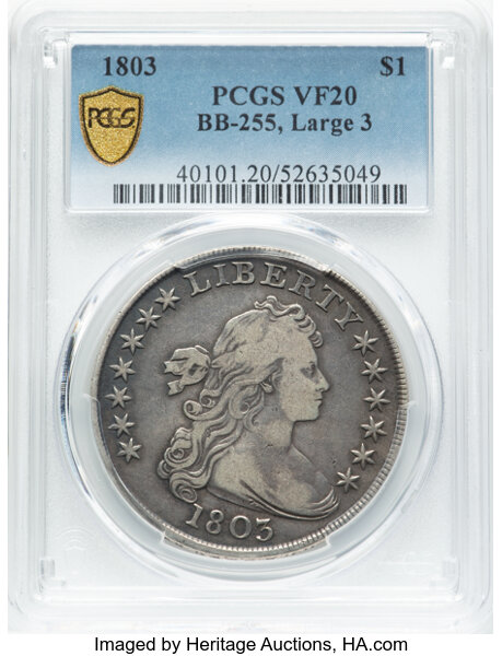 image for: 1803 Large 3, B-6, BB-255 $1  PCGS VF20
