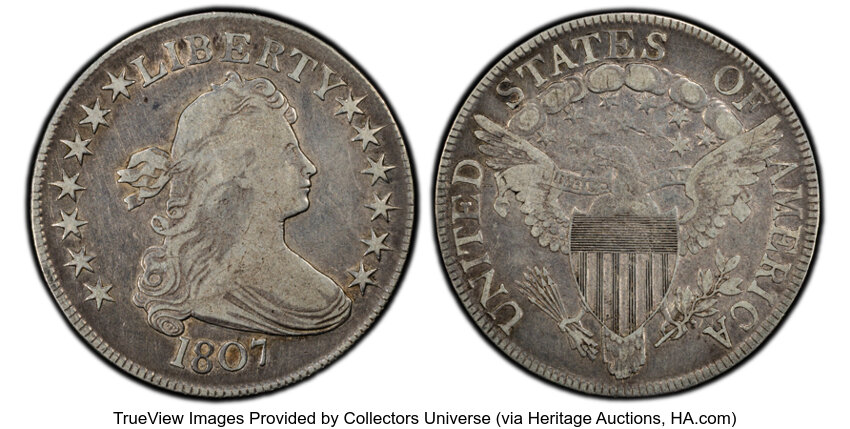image for: 1807 50C Draped Bust, O-108, T-1, Low R.4, Fine 15 PCGS. PCGS Population: (5/8)....