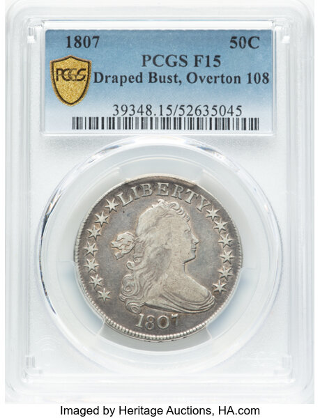 image for: 1807 50C Draped Bust, O-108, T-1, Low R.4, Fine 15 PCGS. PCGS Population: (5/8)....