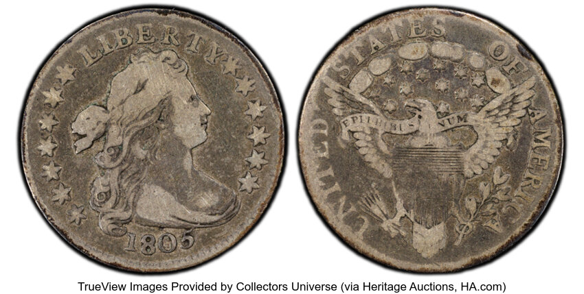 image for: 1805 10C 4 Berries, JR-2, R.1, Fine 12 PCGS. CAC. PCGS Population: (2/19). CAC Population: (1/0). Mintage 120,780....