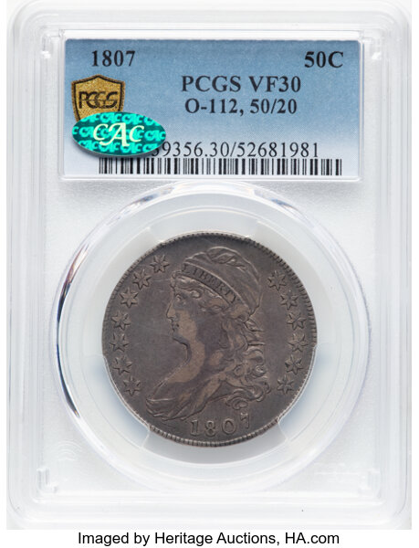 image for: 1807 Capped Bust, 50/20, O-112 50c PCGS VF30 CAC