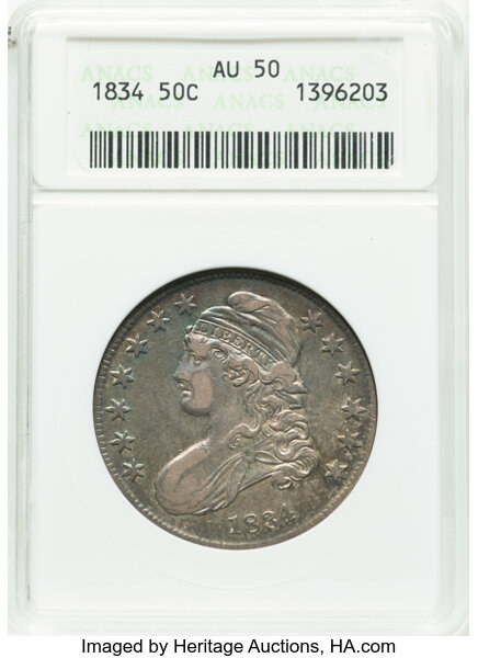 image for: 1834 50C Small Date, Small Letters, O-116, R.1, AU50 ANACS. Housed in a small-sized holder.  Mintage 6,412,004....