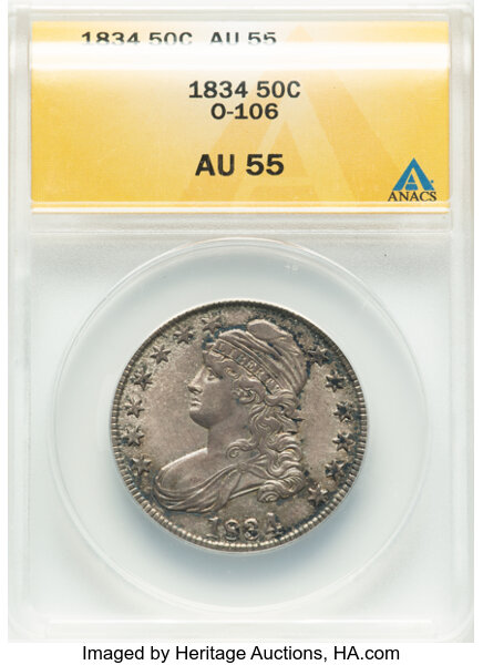image for: 1834 50C Large Date, Small Letters, O-106, R.1, AU55 ANACS....