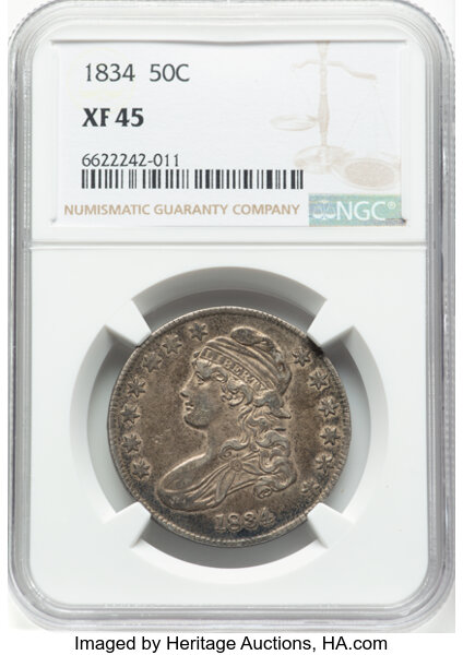 image for: 1834 50C Small Date, Small Letters, O-113, R.1, XF45 NGC.  Mintage 6,412,004....