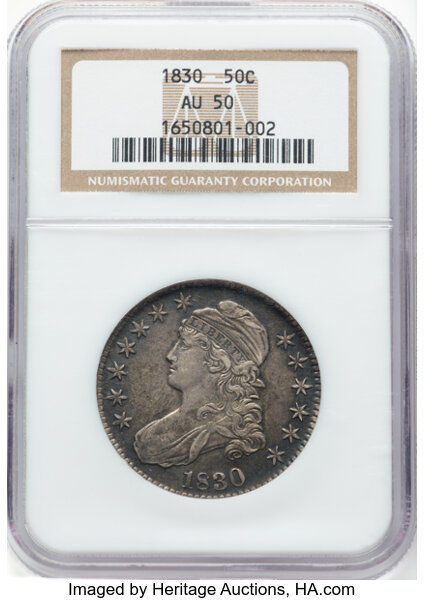 image for: 1830 50C Large 0, O-120, R.3, AU50 NGC.  Mintage 4,764,800....
