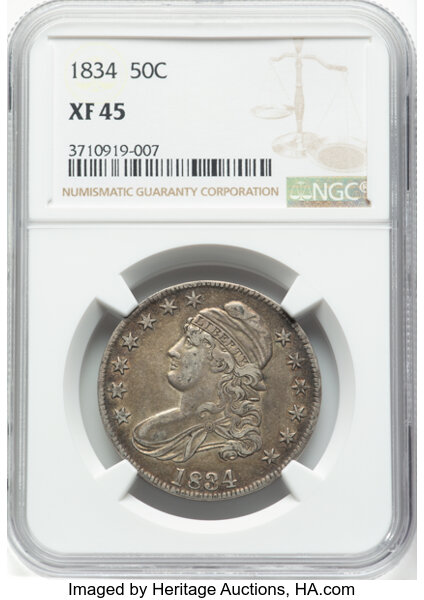 image for: 1834 50C Large Date, Small Letters, O-105, R.1, XF45 NGC.  Mintage 6,412,004....