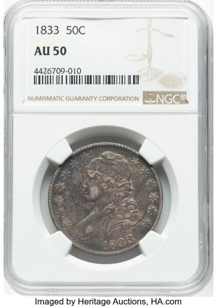 image for: 1833 50C O-102, R.1, AU50 NGC.  Mintage 5,206,000....