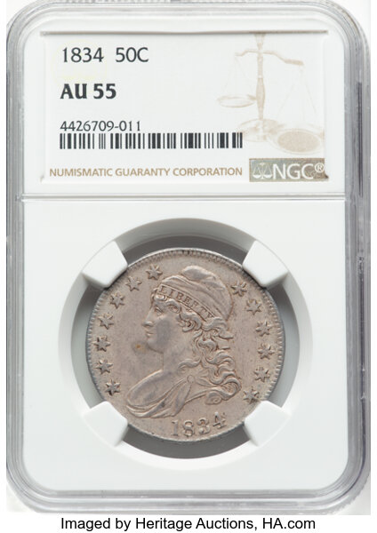 image for: 1834 50C Large Date, Small Letters, O-107, R.1, AU55 NGC.  Mintage 6,412,004....