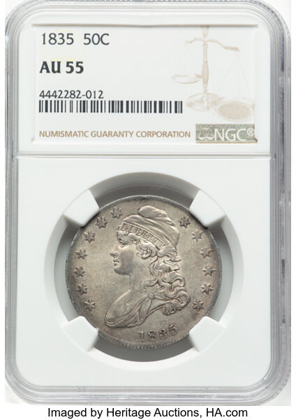 image for: 1835 50C O-105, R.2, AU55 NGC.  Mintage 5,352,006....