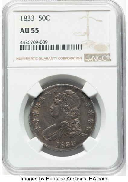 image for: 1833 50C O-113, R.3, AU55 NGC.  Mintage 5,206,000....