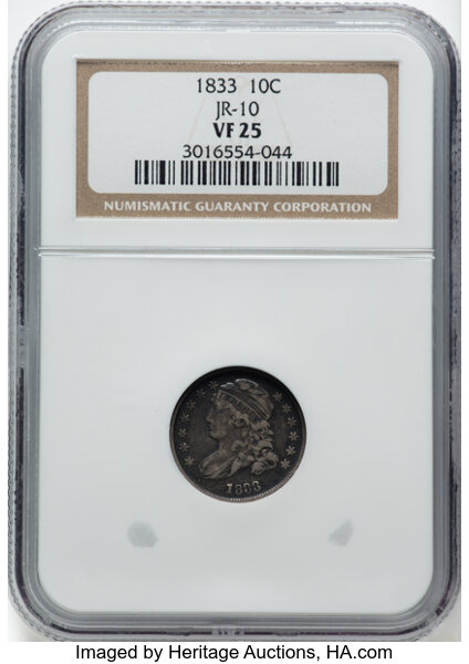 image for: 1833 10C JR-10, R.3, VF25 NGC. Mintage 485,000....