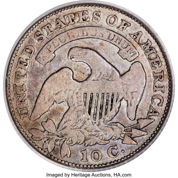 image for: 1829 10C Curl Base 2, JR-10, FS-301, R.5, VG8 PCGS. The Curl Base 2 date on this obverse die is paired with a Small 10C rev...