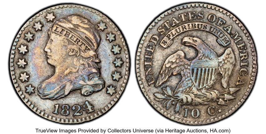 image for: 1824/2 10C Flat Top 1, JR-1, R.1, VF30 PCGS. PCGS Population: (1/8).  Mintage 510,000....