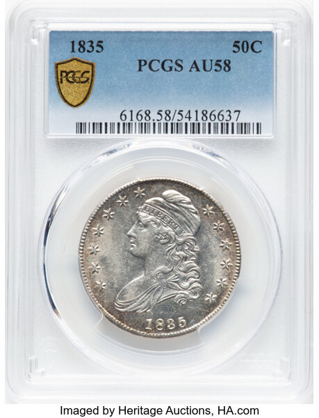 image for: 1835 50C O-103, R.2, AU58 PCGS.  Mintage 5,352,006....