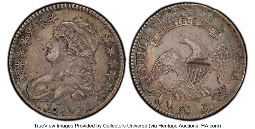 image for: 1814 50C E Over A in STATES, O-108a, R.1, XF45 PCGS....