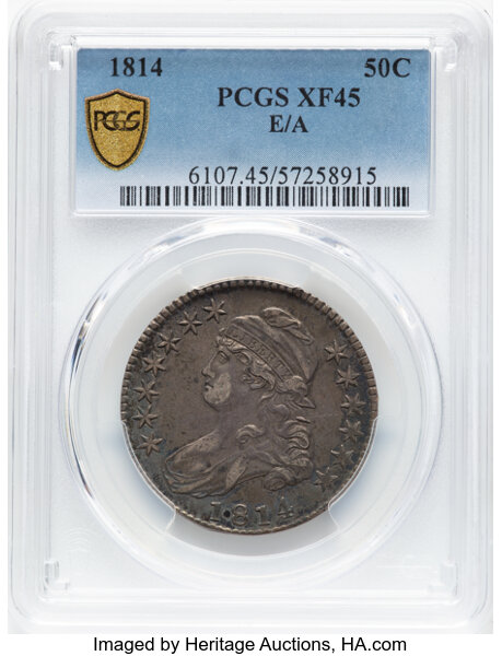 image for: 1814 50C E Over A in STATES, O-108a, R.1, XF45 PCGS....