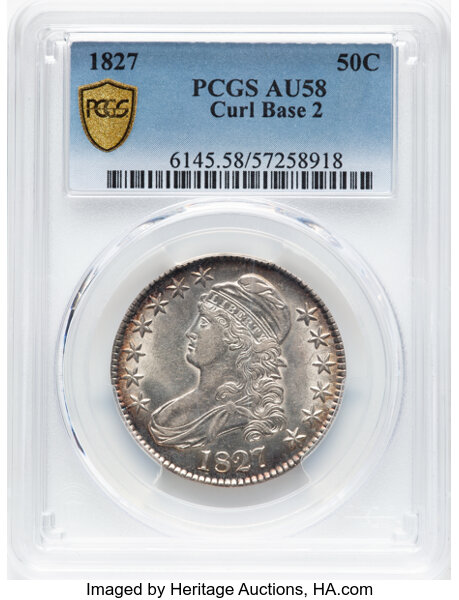 image for: 1827 50C Curl Base 2, O-146, R.1, AU58 PCGS. Population: 7 in 58, 5 finer (8/25)....