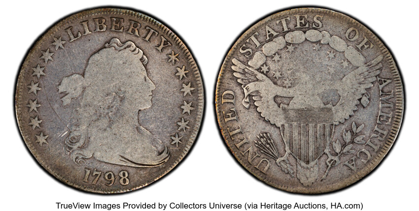 image for: 1798 $1 Large Eagle, Pointed 9, Wide Date, 4 Lines, B-12, BB-120, R.4, VG8 PCGS. Mintage 327,536....