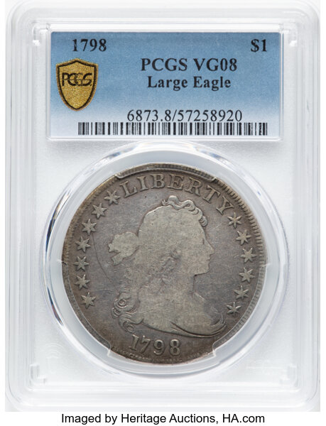 image for: 1798 $1 Large Eagle, Pointed 9, Wide Date, 4 Lines, B-12, BB-120, R.4, VG8 PCGS. Mintage 327,536....