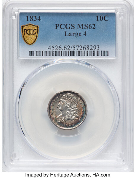 image for: 1834 10C Large 4, JR-1, R.1, MS62 PCGS. PCGS Population: (12/63)....