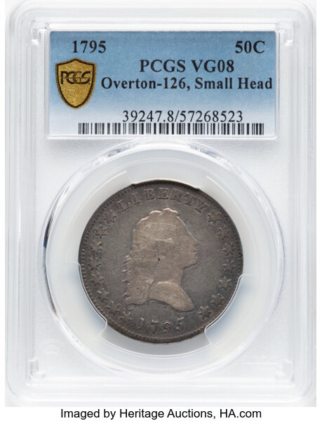 image for: 1795 50C 2 Leaves, Small Head, O-126, T-22, High R.4, VG8 PCGS. PCGS Population: (2/1 and 0/0+)....