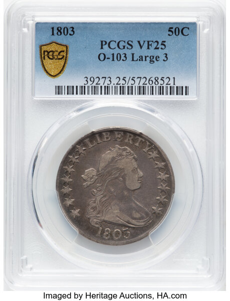 image for: 1803 50C Large 3, Large Reverse Stars, O-103, T-3, R.2, VF25 PCGS. PCGS Population: (4/27 and 0/1+)....