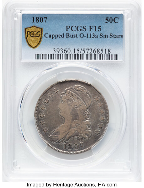 image for: 1807 Capped Bust, Small Stars, O-113a 50c PCGS F15