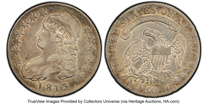 image for: 1813 50C 50C Over UNI, O-101a, R.3, VF35 PCGS. PCGS Population: (3/17 and 0/0+)....