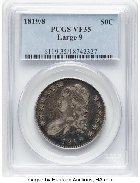 image for: 1819/8 50C Large 9, O-102, R.1, VF35 PCGS....