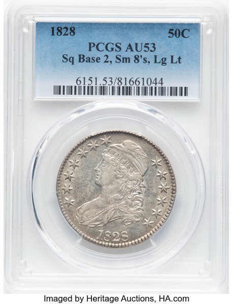 image for: 1828 50C Square Base 2, Small 8s, Large Letters, O-114, R.3, AU53 PCGS....