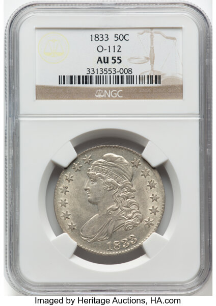 image for: 1833 50C O-112, R.2, AU55 NGC.  Mintage 5,206,000....