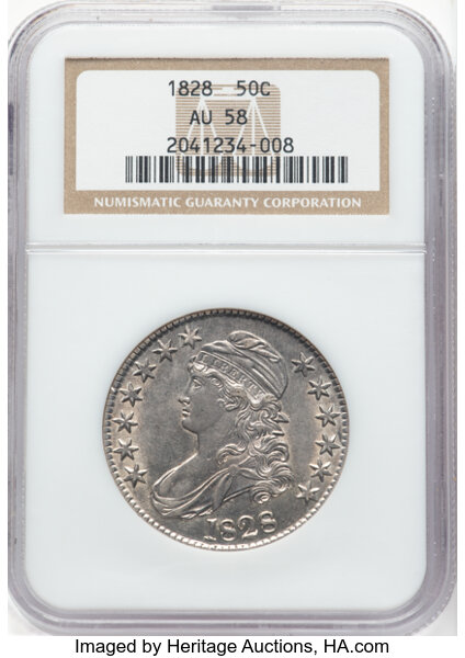 image for: 1828 50C Curl Base 2, No Knob, O-101, R.2, AU58 NGC.  Mintage 3,075,200....