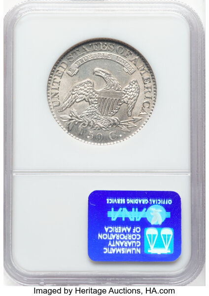 image for: 1828 50C Curl Base 2, No Knob, O-101, R.2, AU58 NGC.  Mintage 3,075,200....