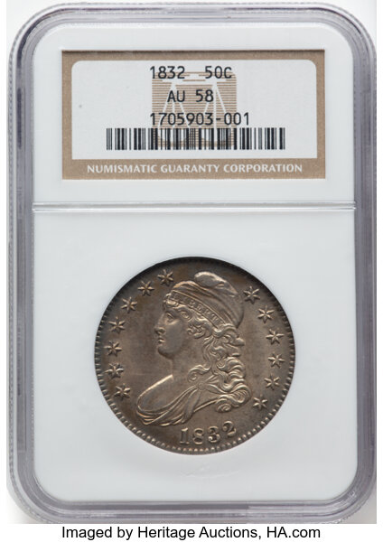 image for: 1832 50C Small Letters AU58 NGC.  Mintage 4,797,000....