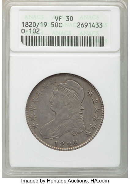 image for: 1820/19 50C Curl Base 2, O-102, R.1, VF30 ANACS. Housed in a small-sized holder....